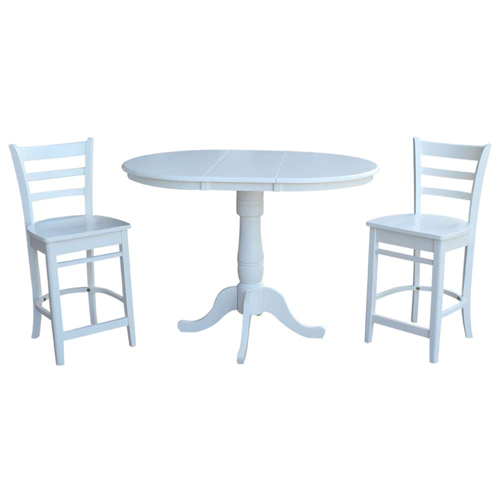 International Concepts (Set of 3 Pcs) - 36in Round Extension Dining Table with 2 Emily Counter Height Stools in White Finish - K08-36RXT-S6172 veiw 1