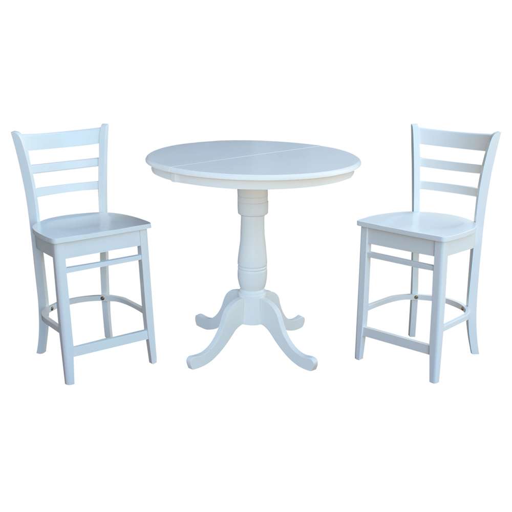 International Concepts (Set of 3 Pcs) - 36in Round Extension Dining Table with 2 Emily Counter Height Stools in White Finish - K08-36RXT-S6172 veiw 2