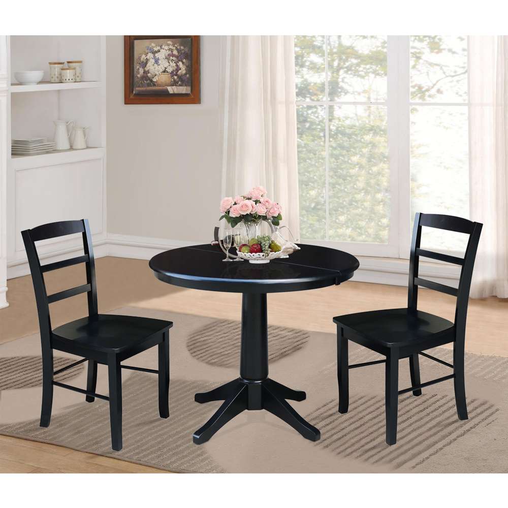 International Concepts (Set of 3 Pcs) - 36in Round Extension Dining Table with 2 Madrid Chairs in Black Finish - K46-36RXT-27B-C2-2 veiw 2