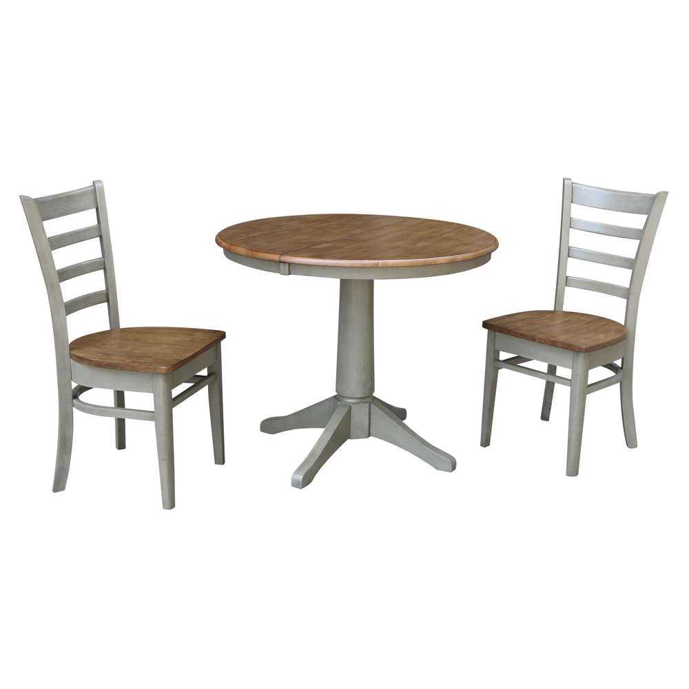 International Concepts (Set of 3 Pcs) - 36in Round Extension Dining Table with 2 RTA Chairs in Hickory/Stone Finish - K41-36RXT-27B-C617-2 veiw 1