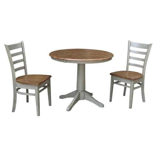 International Concepts (Set of 3 Pcs) - 36in Round Extension Dining Table with 2 RTA Chairs in Hickory/Stone Finish - K41-36RXT-27B-C617-2 veiw 1