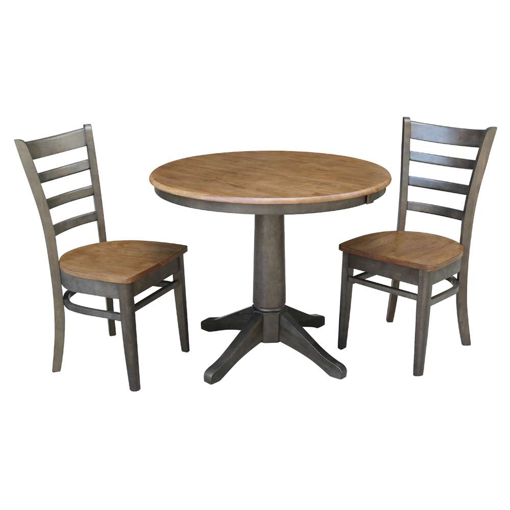 International Concepts (Set of 3 Pcs) - 36in Round Extension Dining Table with 2 RTA Chairs in Hickory/Washed Coal Finish - K45-36RXT-27B-C617-2 veiw 1