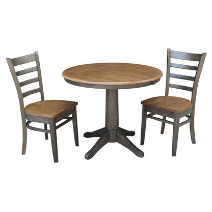 International Concepts (Set of 3 Pcs) - 36in Round Extension Dining Table with 2 RTA Chairs in Hickory/Washed Coal Finish - K45-36RXT-27B-C617-2 veiw 1