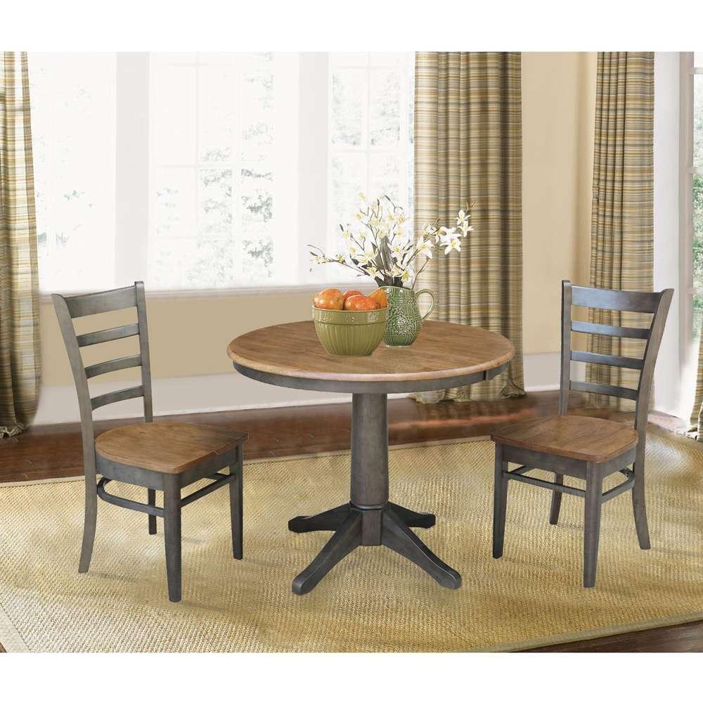 International Concepts (Set of 3 Pcs) - 36in Round Extension Dining Table with 2 RTA Chairs in Hickory/Washed Coal Finish - K45-36RXT-27B-C617-2 veiw 2
