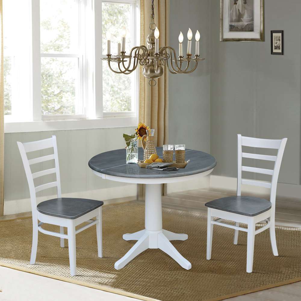 International Concepts (Set of 3 Pcs) - 36in Round Extension Dining Table with 2 RTA Chairs in White/Heather Gray Finish - K05-36RXT-27B-C617-2 veiw 3