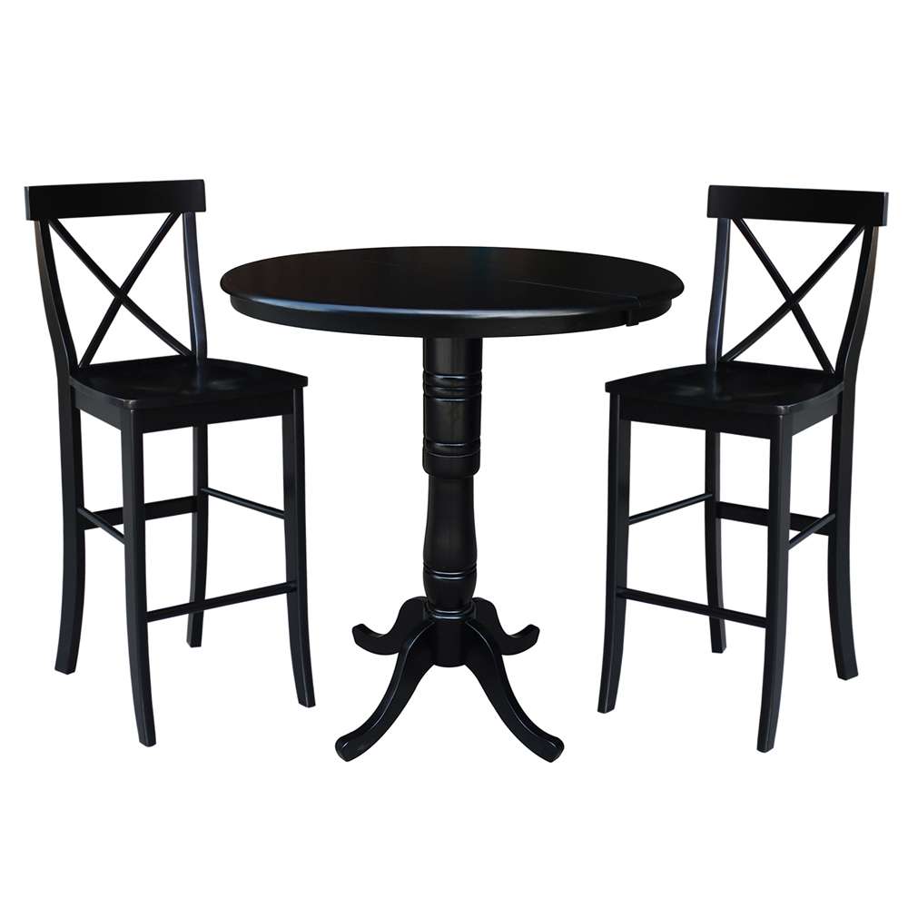 International Concepts (Set of 3 Pcs) - 36in Round Extension Dining Table with 2 X-Back Bar Height Stools in Black Finish - K46-36RXT-S6133-2 veiw 1