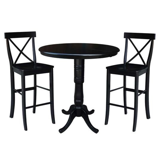International Concepts (Set of 3 Pcs) - 36in Round Extension Dining Table with 2 X-Back Bar Height Stools in Black Finish - K46-36RXT-S6133-2 veiw 1