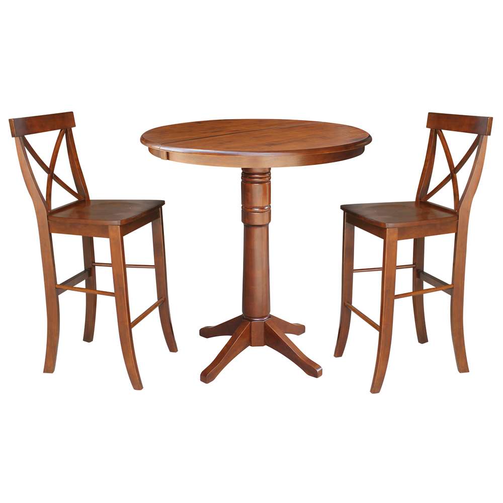 International Concepts (Set of 3 Pcs) - 36in Round Extension Dining Table with 2 X-Back Bar Height Stools in Espresso Finish - K581-36RXT-27-S61332 veiw 1