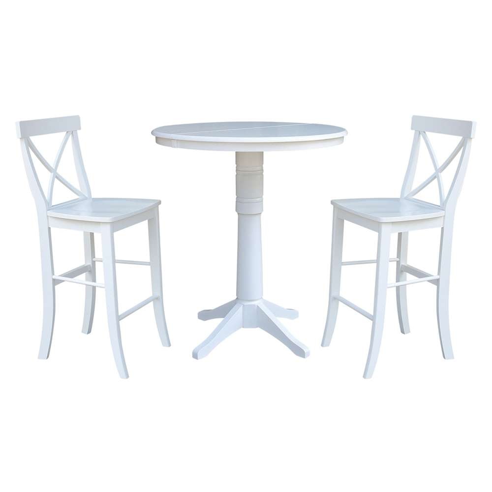 International Concepts (Set of 3 Pcs) - 36in Round Extension Dining Table with 2 X-Back Bar Height Stools in White Finish - K08-36RXT-27B-S6133 veiw 1