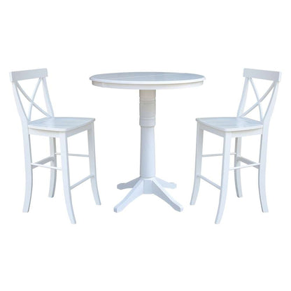 International Concepts (Set of 3 Pcs) - 36in Round Extension Dining Table with 2 X-Back Bar Height Stools in White Finish - K08-36RXT-27B-S6133 veiw 1