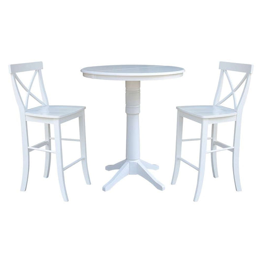 International Concepts (Set of 3 Pcs) - 36in Round Extension Dining Table with 2 X-Back Bar Height Stools in White Finish - K08-36RXT-27B-S6133 veiw 1