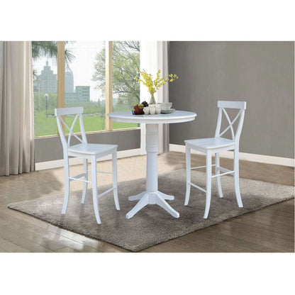 International Concepts (Set of 3 Pcs) - 36in Round Extension Dining Table with 2 X-Back Bar Height Stools in White Finish - K08-36RXT-27B-S6133 veiw 2