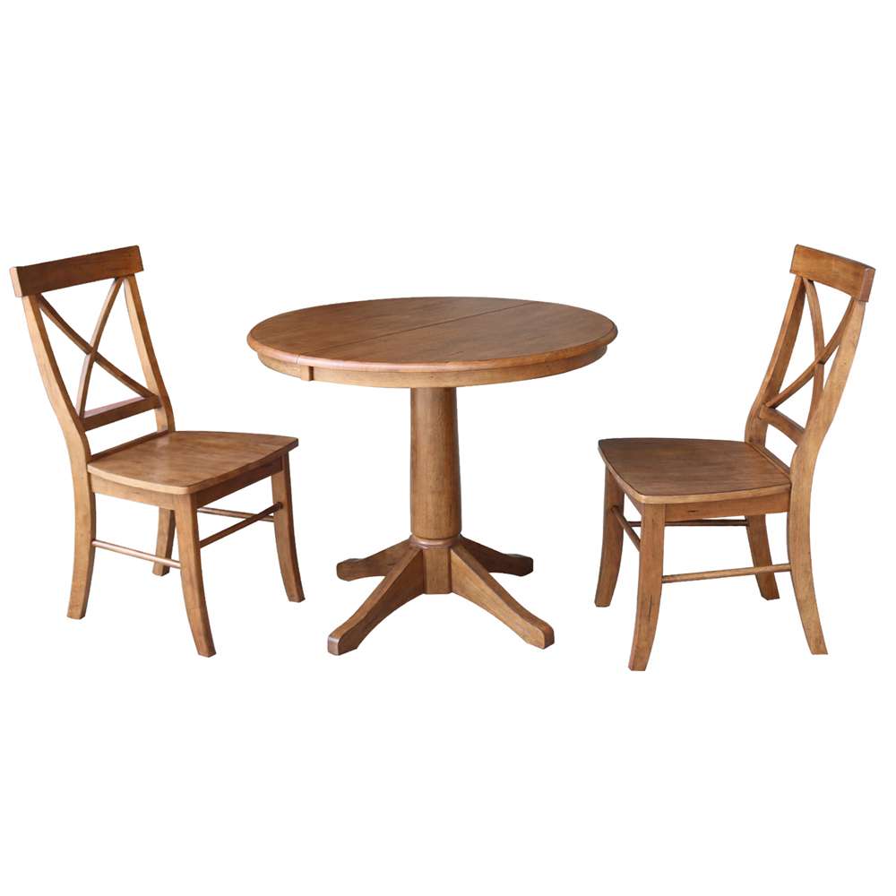 International Concepts (Set of 3 Pcs) - 36in Round Extension Dining Table with 2 X-Back Chairs in Distressed Oak Finish - K42-36RXT-27B-C613-2 veiw 1