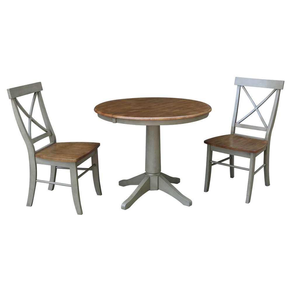 International Concepts (Set of 3 Pcs) - 36in Round Extension Dining Table with 2 X-Back Chairs in Hickory/Stone Finish - K41-36RXT-27B-C613-2 veiw 1