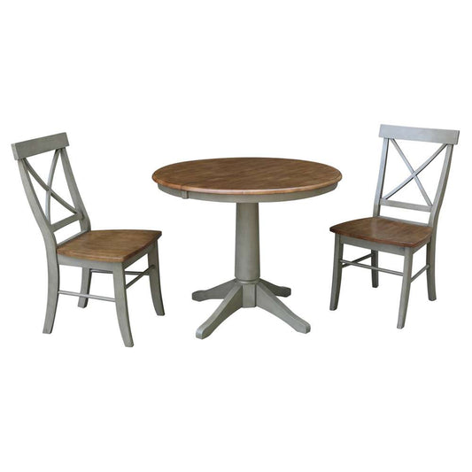 International Concepts (Set of 3 Pcs) - 36in Round Extension Dining Table with 2 X-Back Chairs in Hickory/Stone Finish - K41-36RXT-27B-C613-2 veiw 1