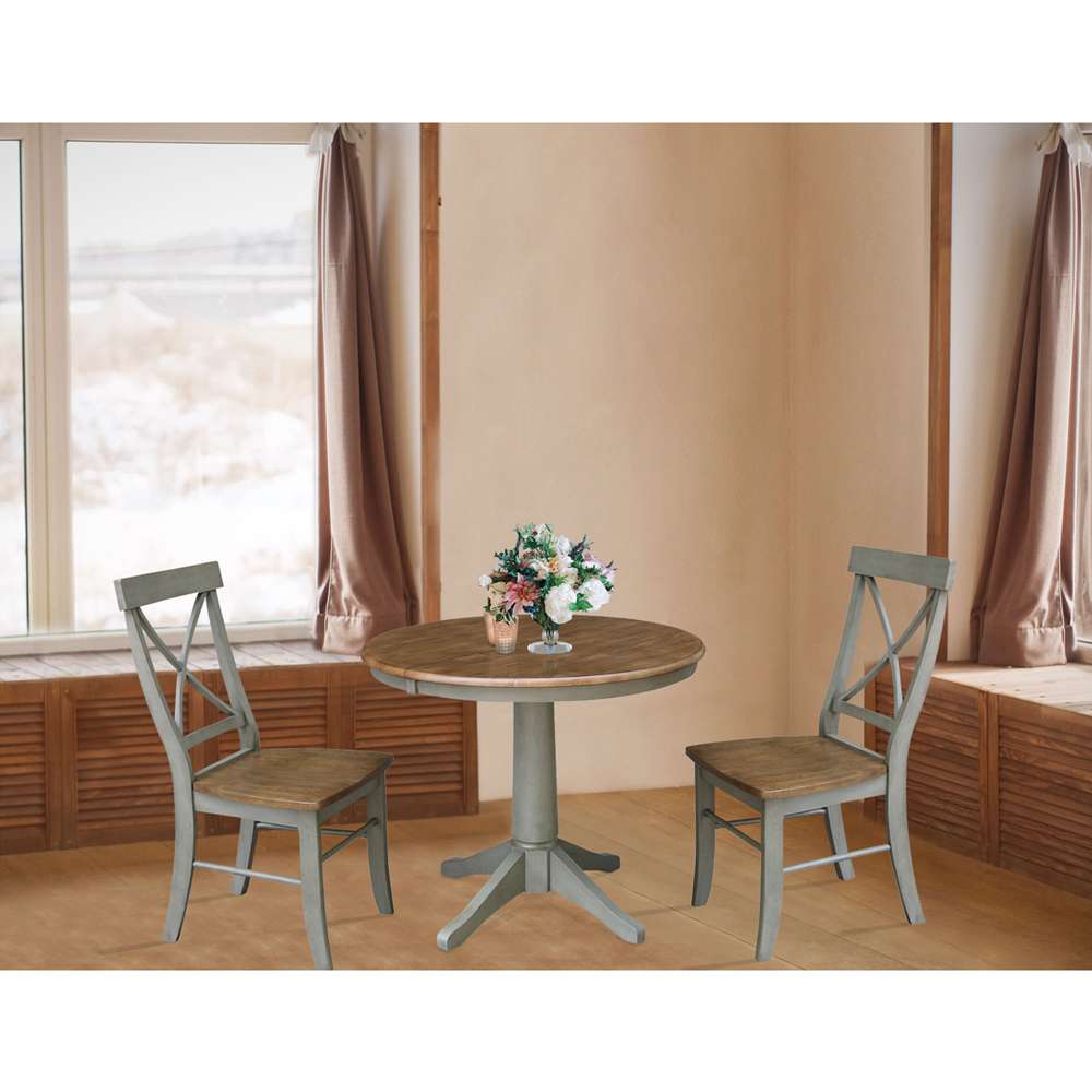 International Concepts (Set of 3 Pcs) - 36in Round Extension Dining Table with 2 X-Back Chairs in Hickory/Stone Finish - K41-36RXT-27B-C613-2 veiw 3