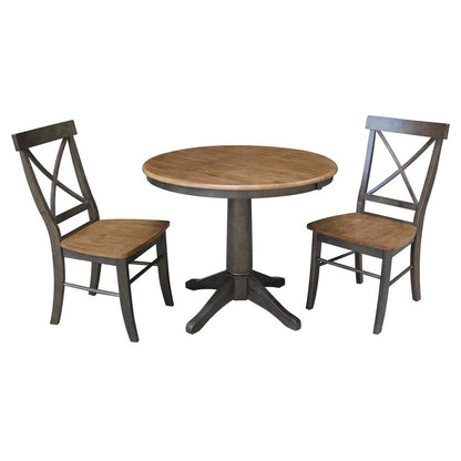 International Concepts (Set of 3 Pcs) - 36in Round Extension Dining Table with 2 X-Back Chairs in Hickory/Washed Coal Finish - K45-36RXT-27B-C613-2 veiw 1