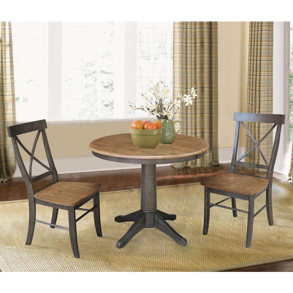 International Concepts (Set of 3 Pcs) - 36in Round Extension Dining Table with 2 X-Back Chairs in Hickory/Washed Coal Finish - K45-36RXT-27B-C613-2 veiw 3