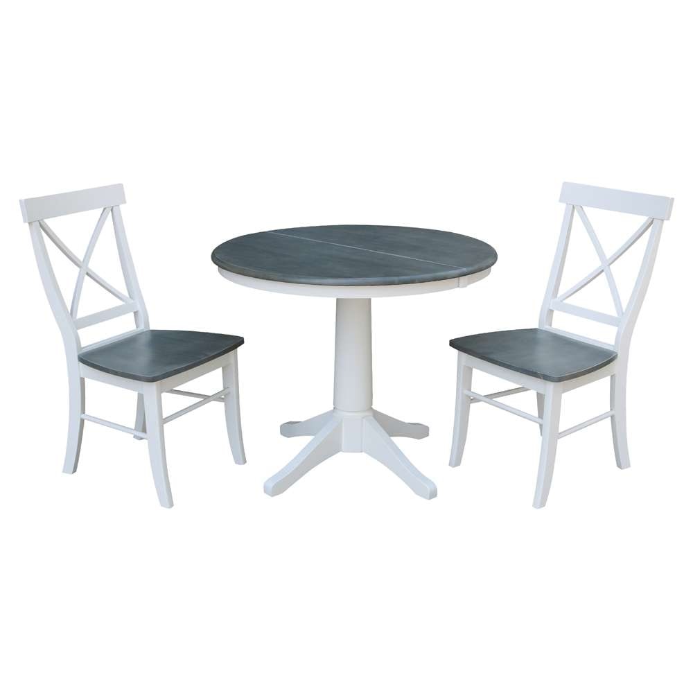 International Concepts (Set of 3 Pcs) - 36in Round Extension Dining Table with 2 X-Back Chairs in White/Heather Gray Finish - K05-36RXT-27B-C613-2 veiw 1