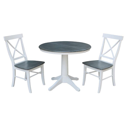 International Concepts (Set of 3 Pcs) - 36in Round Extension Dining Table with 2 X-Back Chairs in White/Heather Gray Finish - K05-36RXT-27B-C613-2 veiw 1