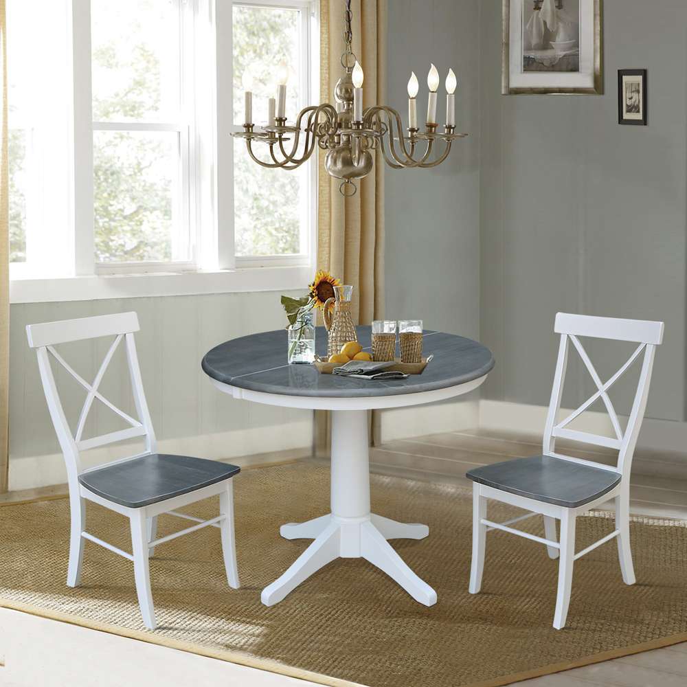 International Concepts (Set of 3 Pcs) - 36in Round Extension Dining Table with 2 X-Back Chairs in White/Heather Gray Finish - K05-36RXT-27B-C613-2 veiw 3
