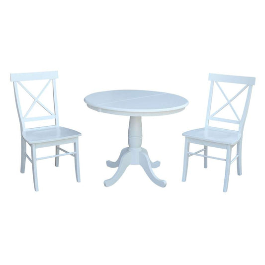 International Concepts (Set of 3 Pcs) - 36in Round Extension Dining Table with 2 X-Back Chairs in White Finish - K08-36RXT-C613-2 veiw 1