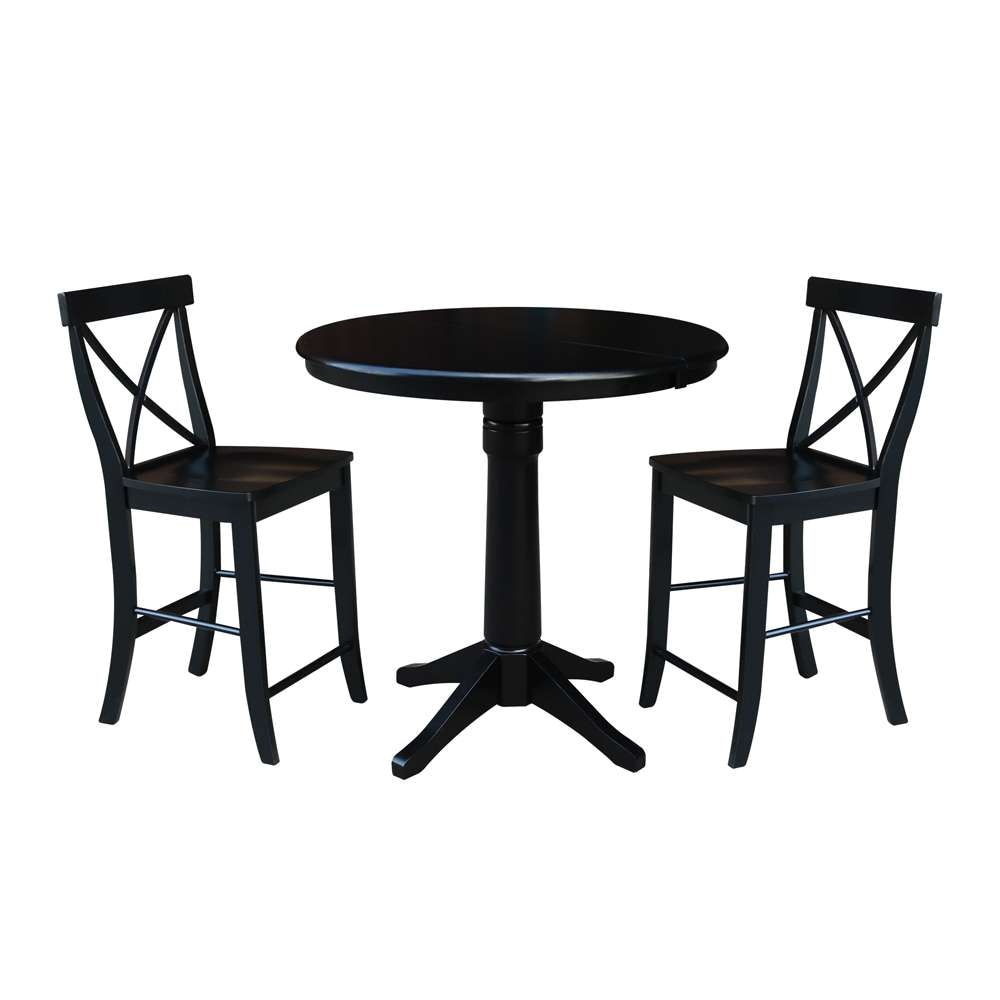 International Concepts (Set of 3 Pcs) - 36in Round Extension Dining Table with 2 X-Back Counter Height Stools in Black Finish - K46-36RXT-27B-S6132-2 veiw 1