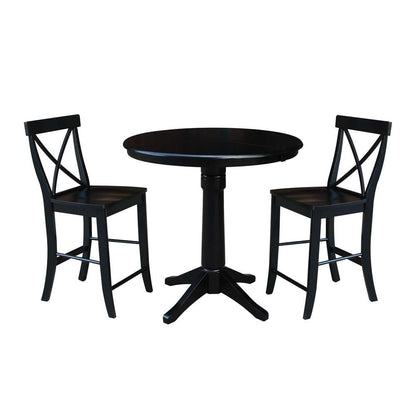 International Concepts (Set of 3 Pcs) - 36in Round Extension Dining Table with 2 X-Back Counter Height Stools in Black Finish - K46-36RXT-27B-S6132-2 veiw 1