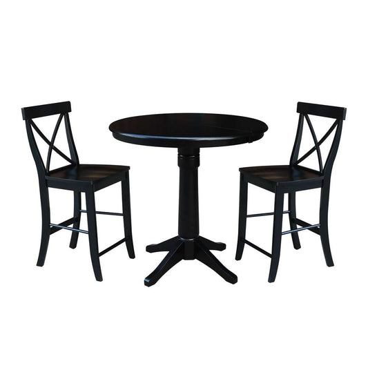 International Concepts (Set of 3 Pcs) - 36in Round Extension Dining Table with 2 X-Back Counter Height Stools in Black Finish - K46-36RXT-27B-S6132-2 veiw 1