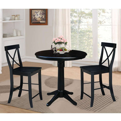 International Concepts (Set of 3 Pcs) - 36in Round Extension Dining Table with 2 X-Back Counter Height Stools in Black Finish - K46-36RXT-27B-S6132-2 veiw 2