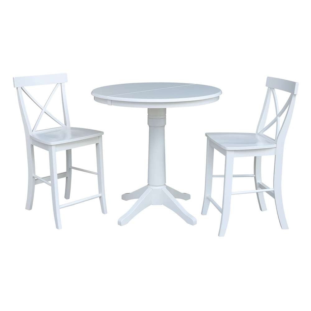 International Concepts (Set of 3 Pcs) - 36in Round Extension Dining Table with 2 X-Back Counter Height Stools in White Finish - K08-36RXT-27B-S6132 veiw 1