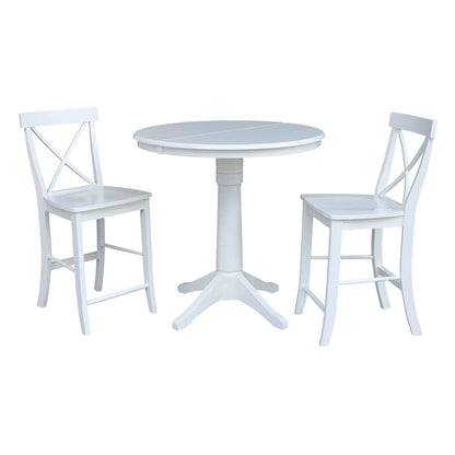 International Concepts (Set of 3 Pcs) - 36in Round Extension Dining Table with 2 X-Back Counter Height Stools in White Finish - K08-36RXT-27B-S6132 veiw 1