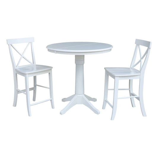 International Concepts (Set of 3 Pcs) - 36in Round Extension Dining Table with 2 X-Back Counter Height Stools in White Finish - K08-36RXT-27B-S6132 veiw 1