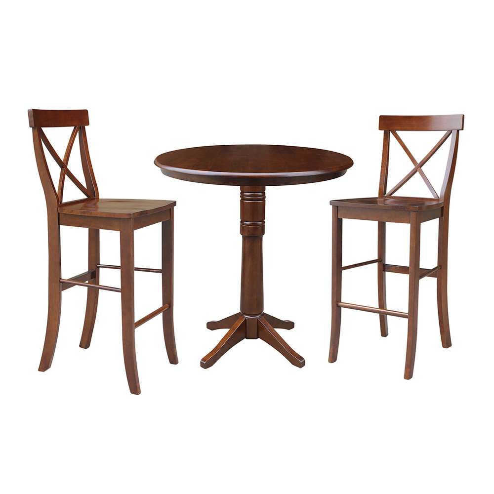 International Concepts (Set of 3 Pcs) - 36in Round Pedestal Bar Height Table with 2 RTA Bar Height Stools in Espresso Finish - K581-36RT-27-S6133-2 veiw 1