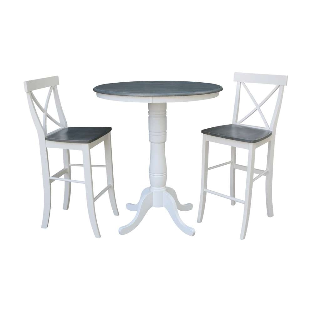 International Concepts (Set of 3 Pcs) - 36in Round Pedestal Bar Height Table with 2 X-Back Bar Height Stools in White/Heather Gray Finish - K05-36RT-6B-S6133-2 veiw 1