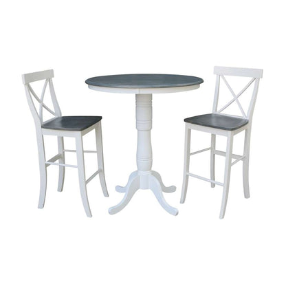 International Concepts (Set of 3 Pcs) - 36in Round Pedestal Bar Height Table with 2 X-Back Bar Height Stools in White/Heather Gray Finish - K05-36RT-6B-S6133-2 veiw 1