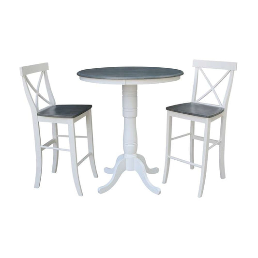 International Concepts (Set of 3 Pcs) - 36in Round Pedestal Bar Height Table with 2 X-Back Bar Height Stools in White/Heather Gray Finish - K05-36RT-6B-S6133-2 veiw 1