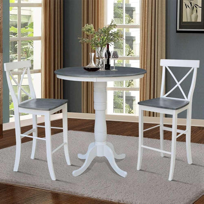 International Concepts (Set of 3 Pcs) - 36in Round Pedestal Bar Height Table with 2 X-Back Bar Height Stools in White/Heather Gray Finish - K05-36RT-6B-S6133-2 veiw 2