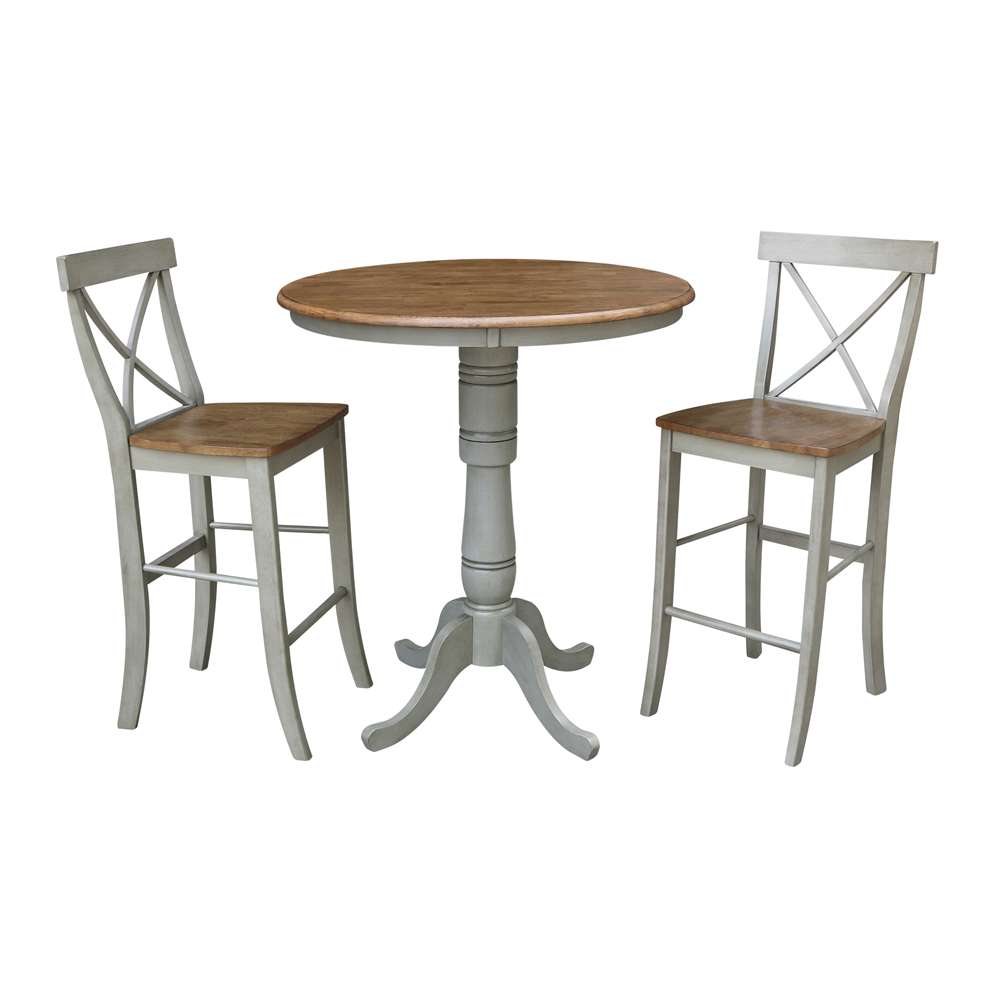 International Concepts (Set of 3 Pcs) - 36in Round Pedestal Bar Height Table with 2 X-Back Bar Height Stools in Hickory/Stone Finish - K41-36RT-6B-S6133-2 veiw 1