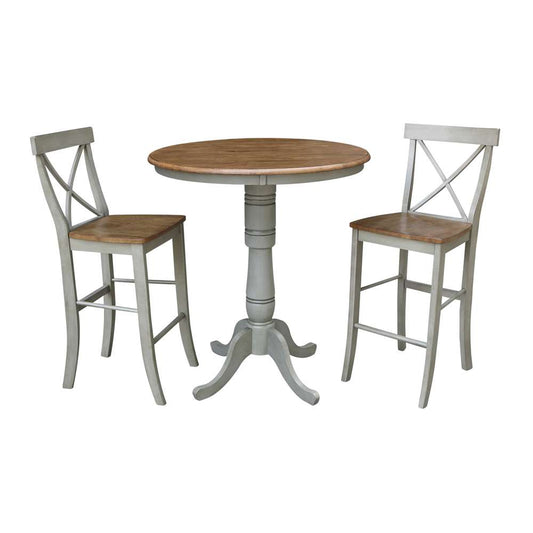 International Concepts (Set of 3 Pcs) - 36in Round Pedestal Bar Height Table with 2 X-Back Bar Height Stools in Hickory/Stone Finish - K41-36RT-6B-S6133-2 veiw 1