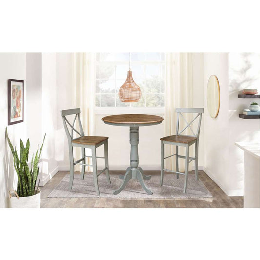 International Concepts (Set of 3 Pcs) - 36in Round Pedestal Bar Height Table with 2 X-Back Bar Height Stools in Hickory/Stone Finish - K41-36RT-6B-S6133-2 veiw 2