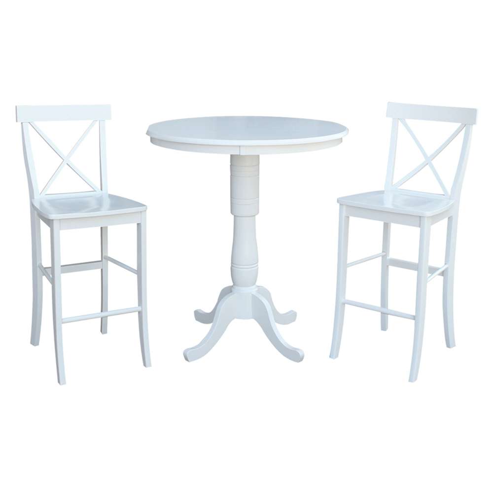 International Concepts (Set of 3 Pcs) - 36in Round Pedestal Bar Height Table with 2 X-Back Bar Height Stools in White Finish - K08-36RT-6B-2-33 veiw 1