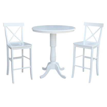 International Concepts (Set of 3 Pcs) - 36in Round Pedestal Bar Height Table with 2 X-Back Bar Height Stools in White Finish - K08-36RT-6B-2-33 veiw 1