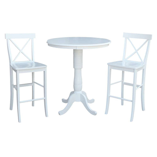 International Concepts (Set of 3 Pcs) - 36in Round Pedestal Bar Height Table with 2 X-Back Bar Height Stools in White Finish - K08-36RT-6B-2-33 veiw 1