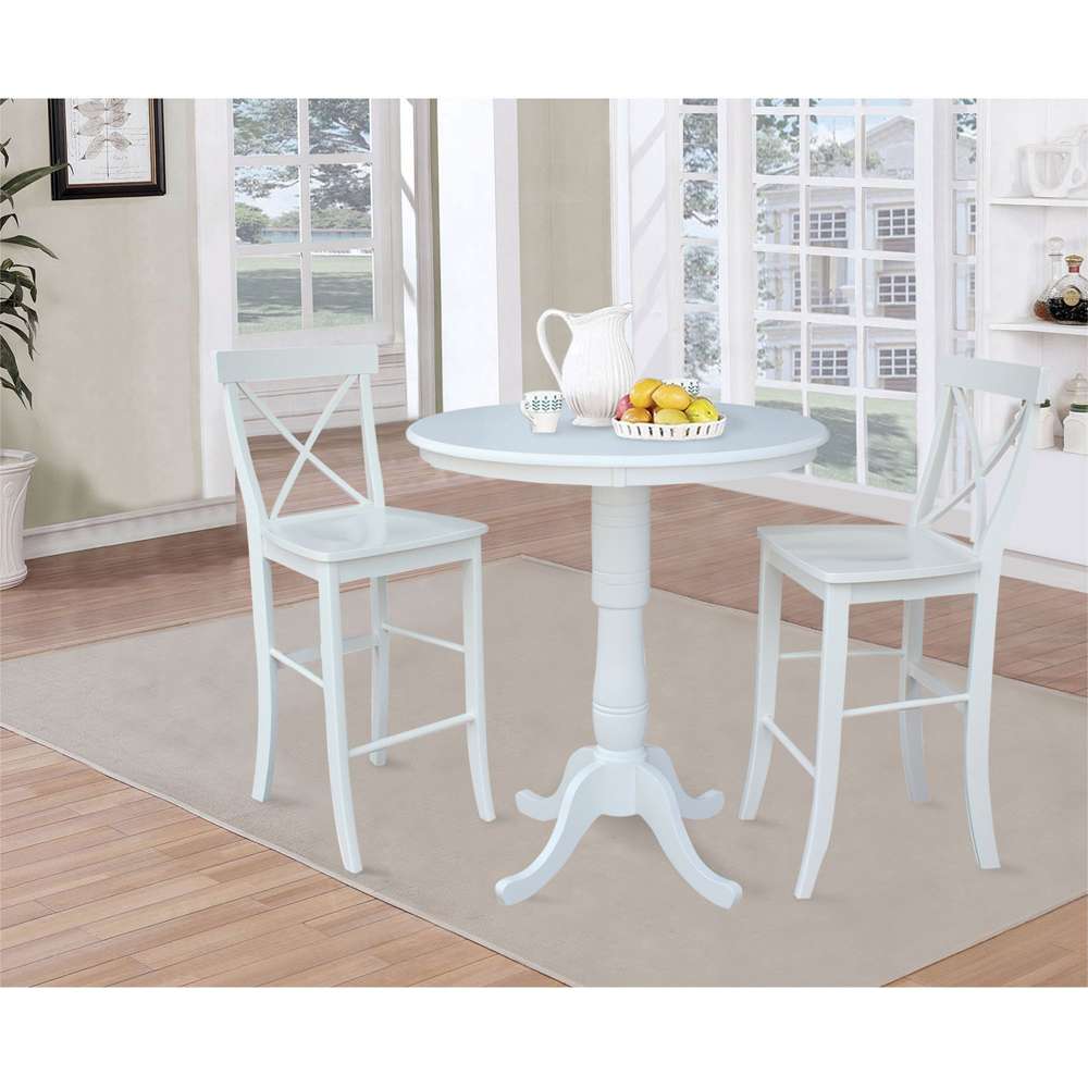 International Concepts (Set of 3 Pcs) - 36in Round Pedestal Bar Height Table with 2 X-Back Bar Height Stools in White Finish - K08-36RT-6B-2-33 veiw 2