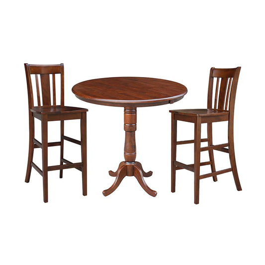 International Concepts (Set of 3 Pcs) - 36in Round Top Ped Ext Table Bar Height with 12in Leaf and 2 RTA San Remo Barstools in Espresso Finish - K581-36RXT-6B-2-S103 veiw 1