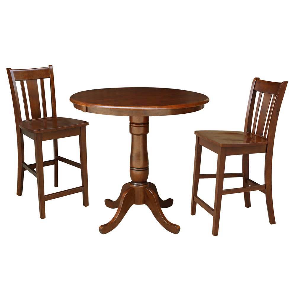 International Concepts (Set of 3 Pcs) - 36in Round Top Ped Ext Table with 12in Leaf and 2 San Remo RTA Counter Height Stools in Espresso Finish - K581-36RXT-6B-S102-2 veiw 1