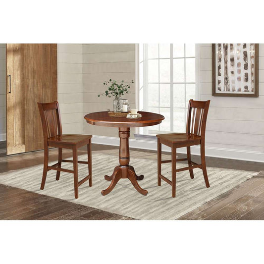 International Concepts (Set of 3 Pcs) - 36in Round Top Ped Ext Table with 12in Leaf and 2 San Remo RTA Counter Height Stools in Espresso Finish - K581-36RXT-6B-S102-2 veiw 2