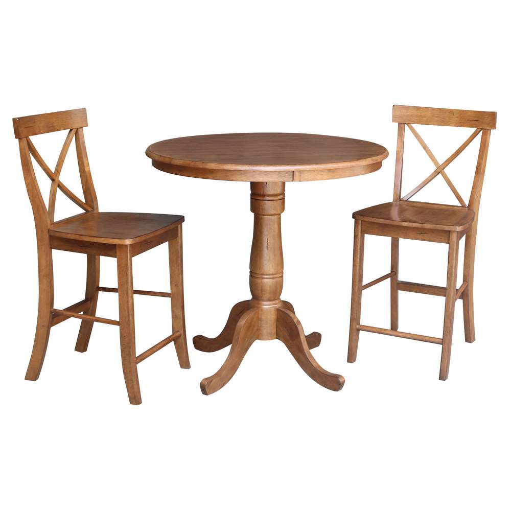 International Concepts (Set of 3 Pcs) - 36in Round Pedestal Gathering Height Table with 2 X-Back Counter Height Stools in Distressed Oak Finish - K42-36RT-6B-S6132-2 veiw 1