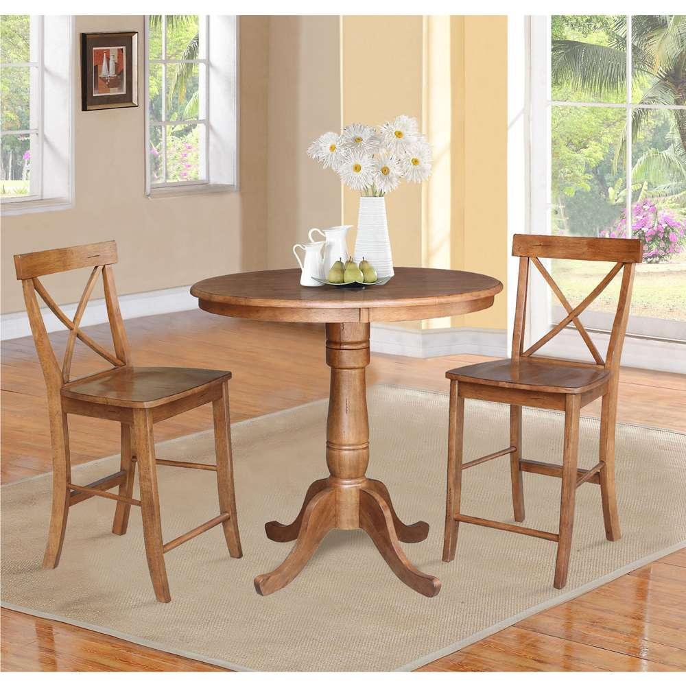 International Concepts (Set of 3 Pcs) - 36in Round Pedestal Gathering Height Table with 2 X-Back Counter Height Stools in Distressed Oak Finish - K42-36RT-6B-S6132-2 veiw 2